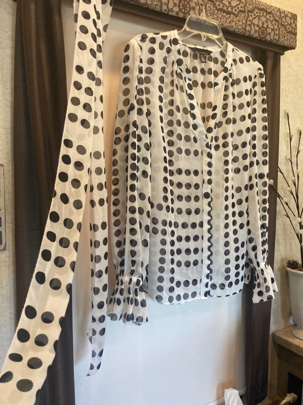 White House Black Market White Sheer Polka Dot Blouse with Black Dots - Picture 2 of 10